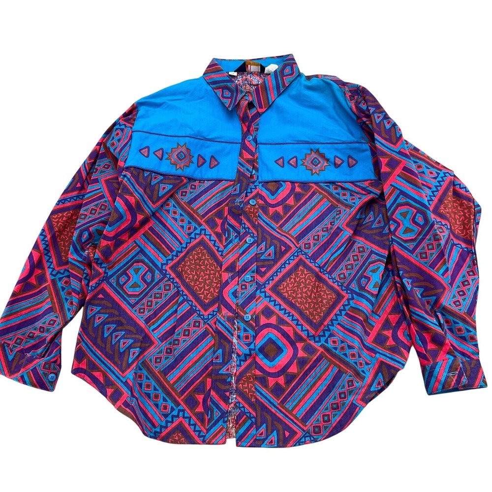 Panhandle Slim Shirt Women Medium Blue Pink Aztec Southwest Cotton USA‎ VTG